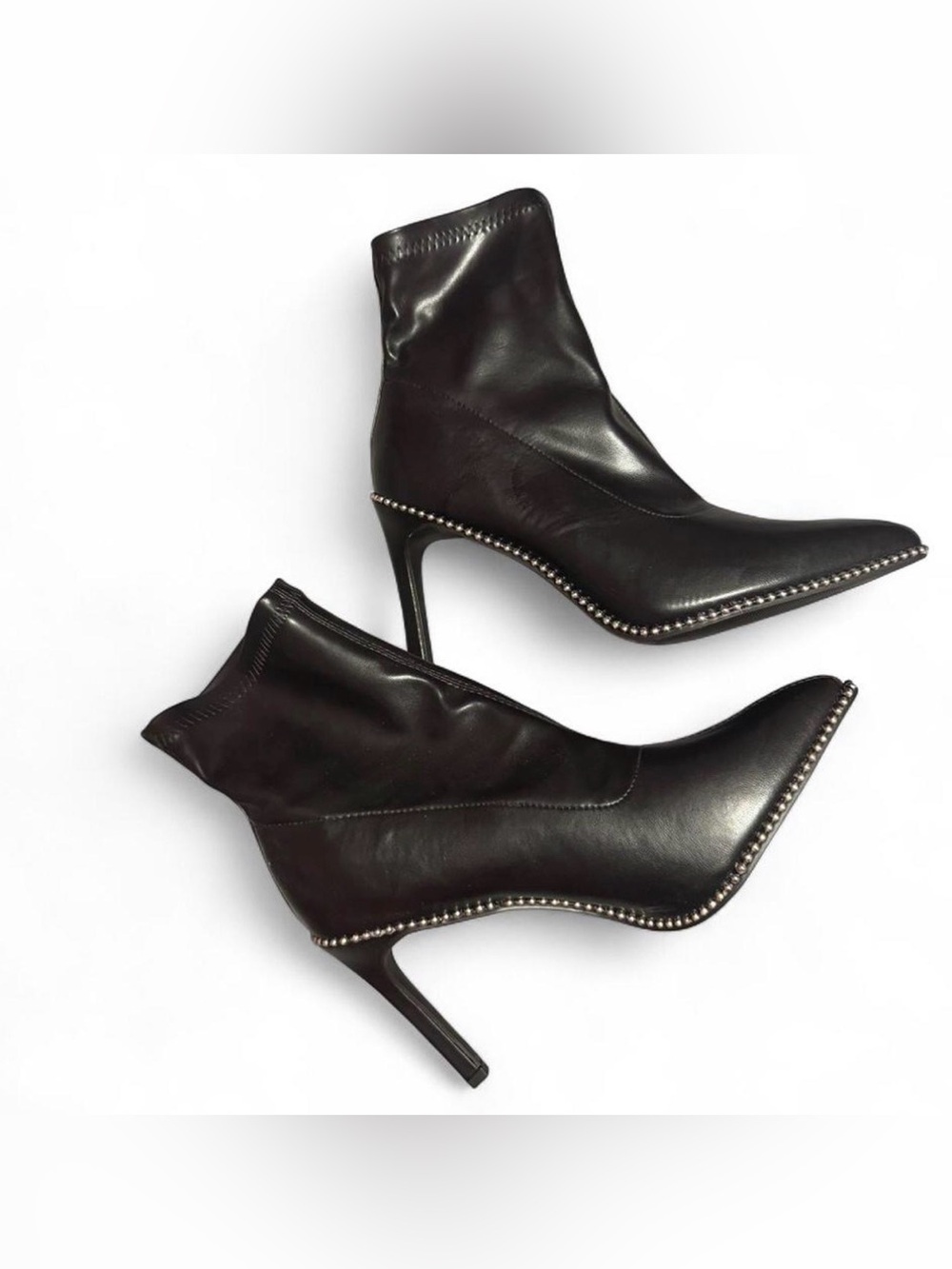 Black Pointed Stiletto Ankle Boots with Stud Trim